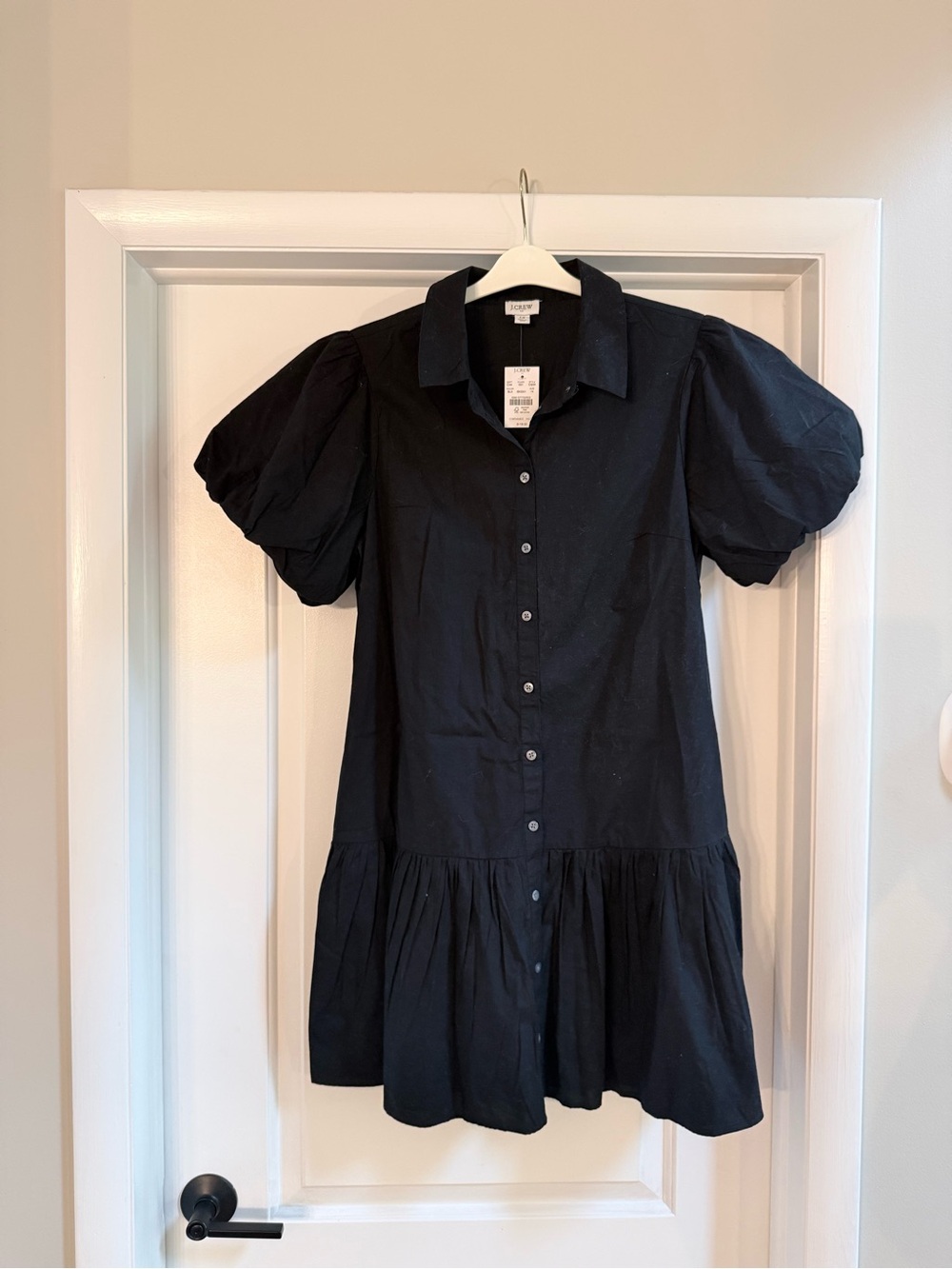 J. Crew Black Button-Front Mini Dress with Puff Sleeves